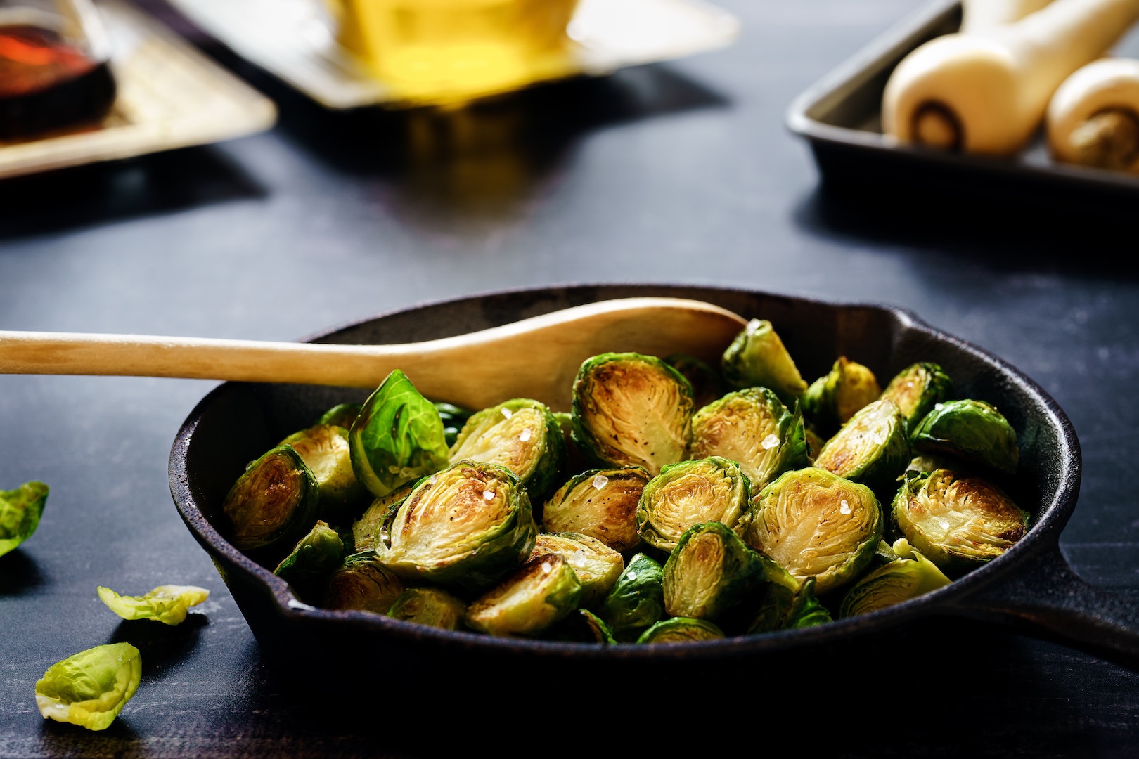Image of infused roasted brussels sprouts from LĒVO on a counter.