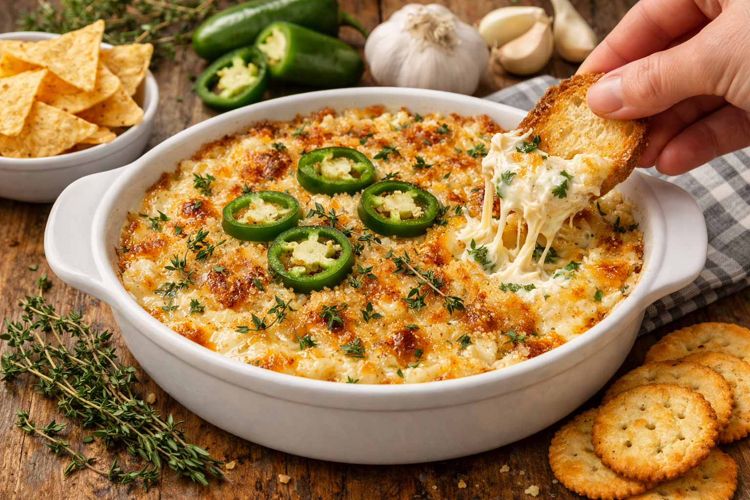 Baked jalapeño popper dip with melted cheese, garnished with sliced jalapeños and fresh thyme, served with crackers.