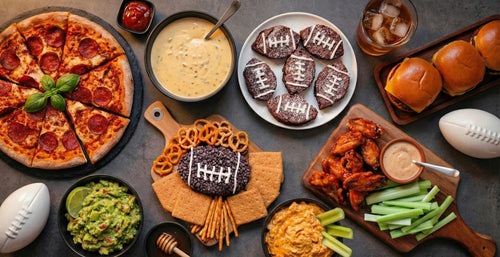 Super bowl themed dips plated on a table, made with LĒVO's infused recipes