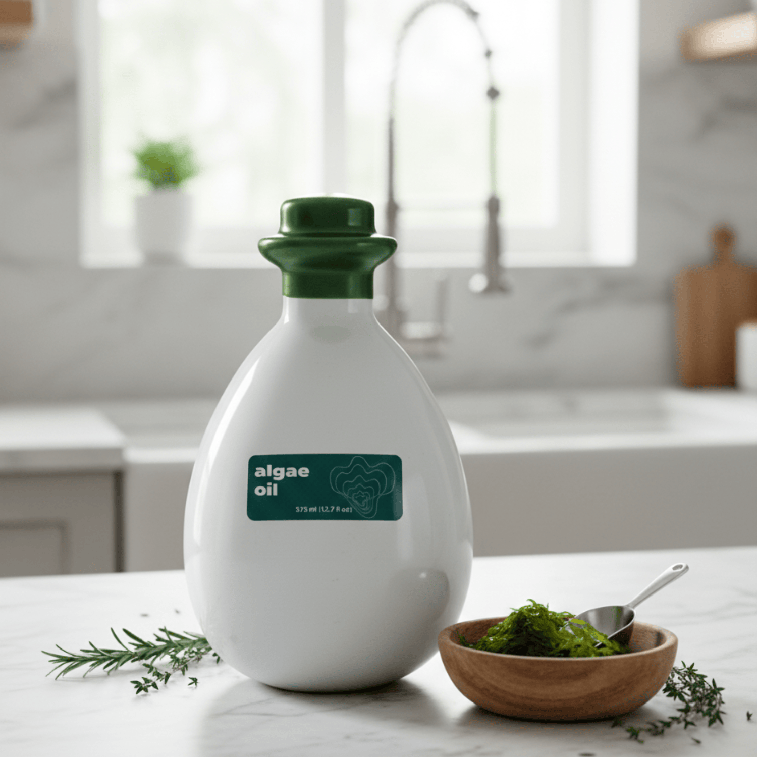 LEVO algae cooking oil in an oval bottle with green-blue label and cap.