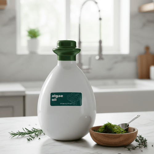 LEVO algae cooking oil in an oval bottle with green-blue label and cap.