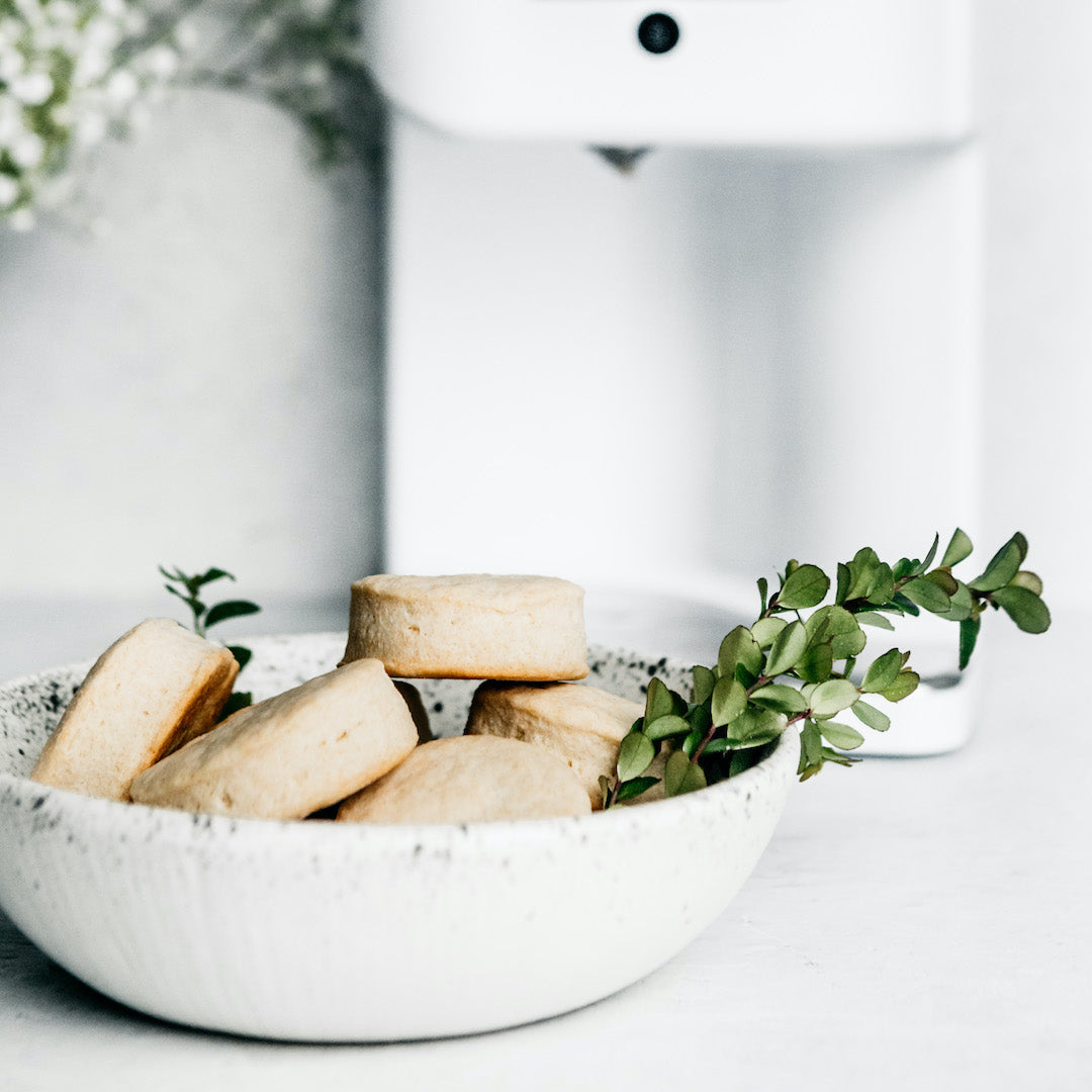 Biscuits with rosemary and thyme in a bowl in front of a LEVO