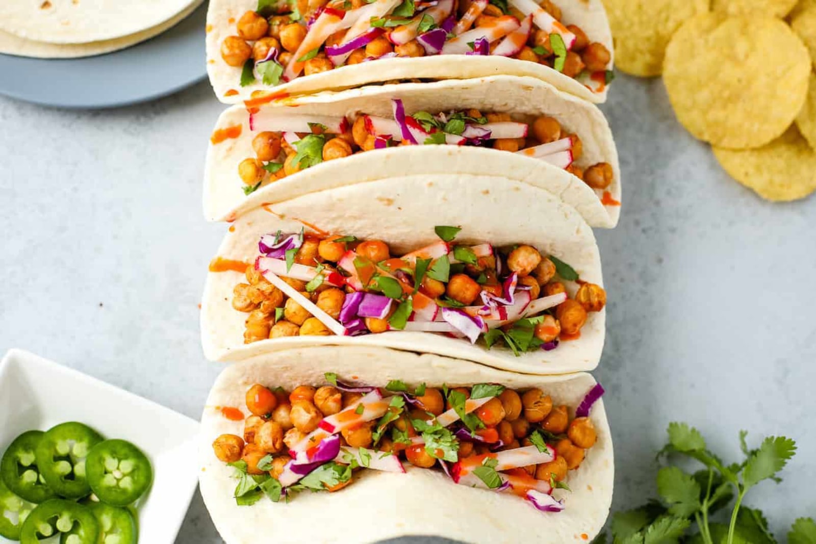 Image of chickpea tacos. Make your own by following LĒVO's chickpea tacos recipe.
