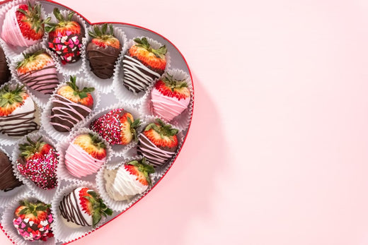chocolate strawberries in heart shaped box