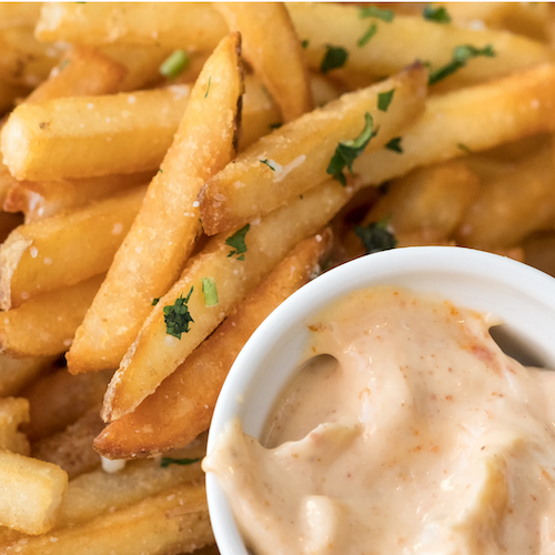 Image of easy fries with infused spicy mayo by LĒVO.