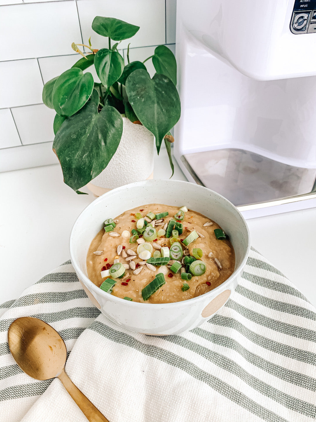 Image of a bowl of vegan cauliflower soup next to the LEVO II.
