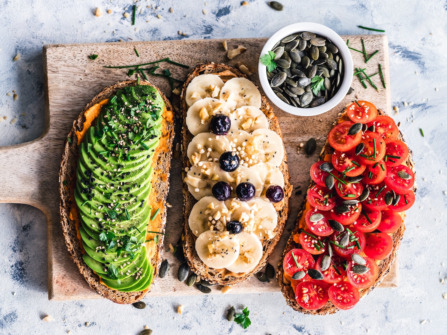 Image of three vegan open faced sandwiches from LĒVO's vegan meal plan for a week.