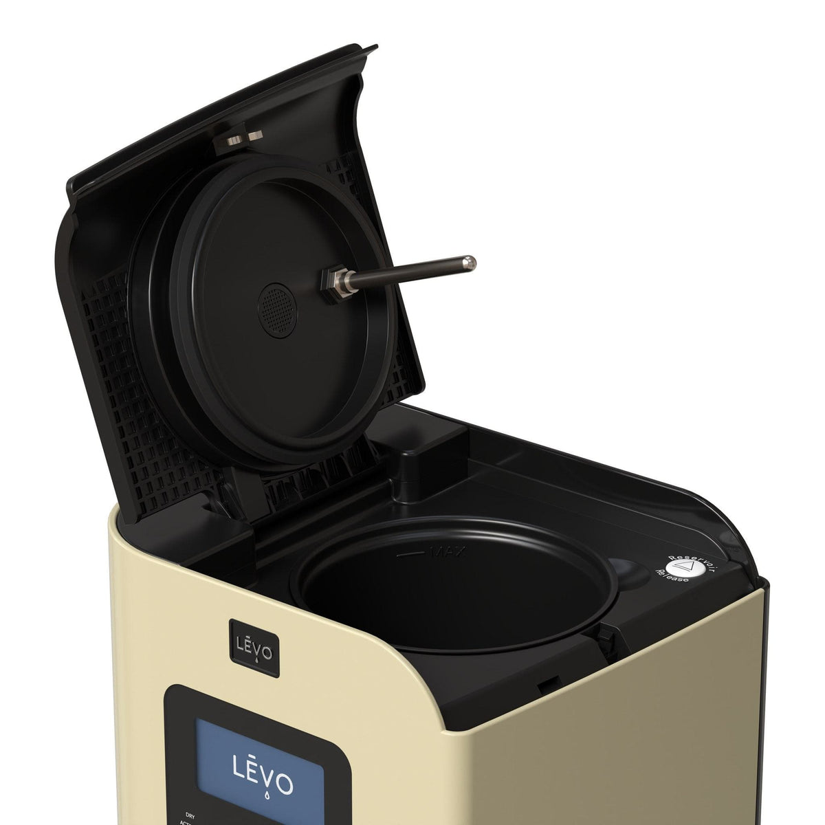 LĒVO II+ in Honey Cream with the lid open, showing the reservoir #Color_Honey Cream