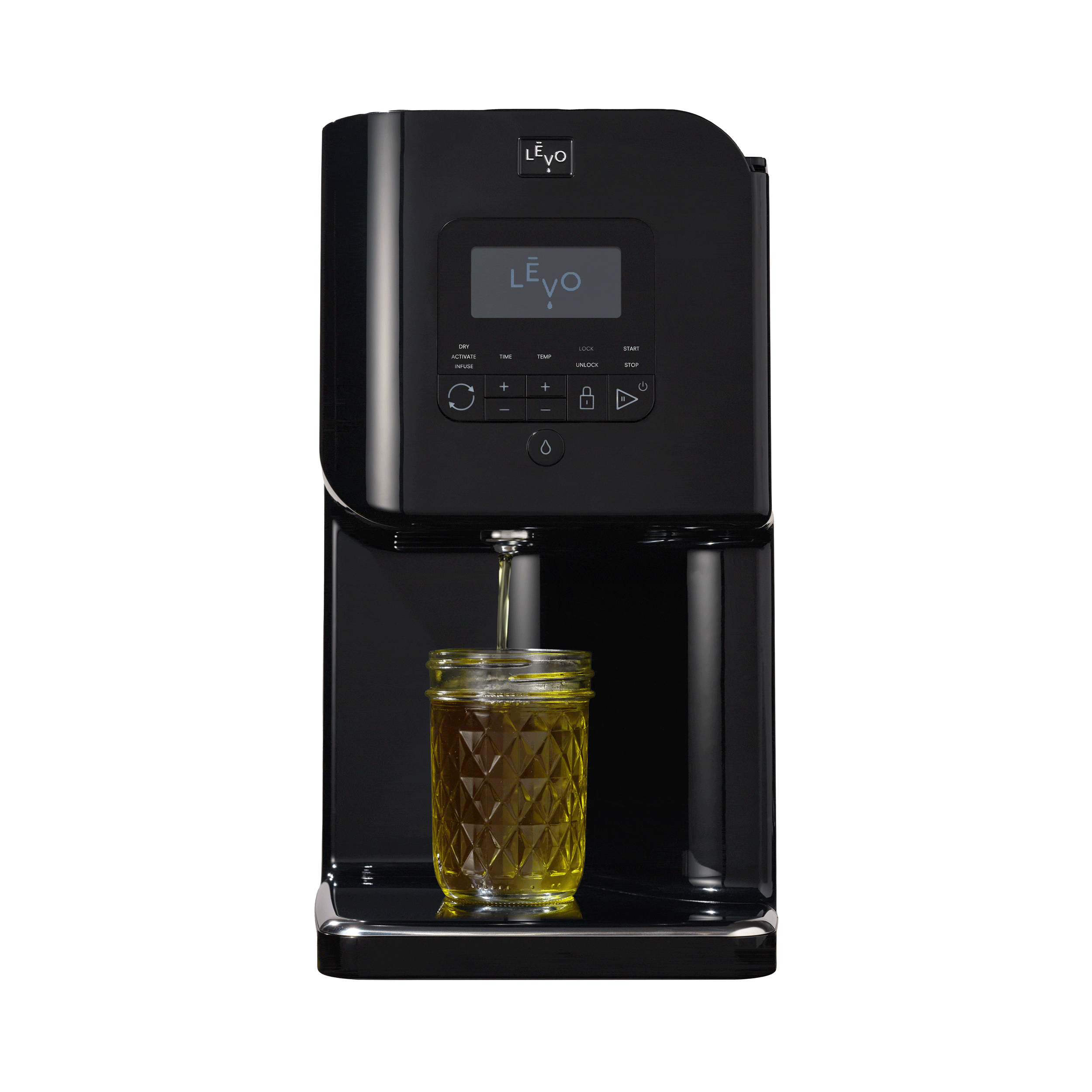 LĒVO II+ in Licorice Black dispensing infused oil into a jar #Color_Licorice Black
