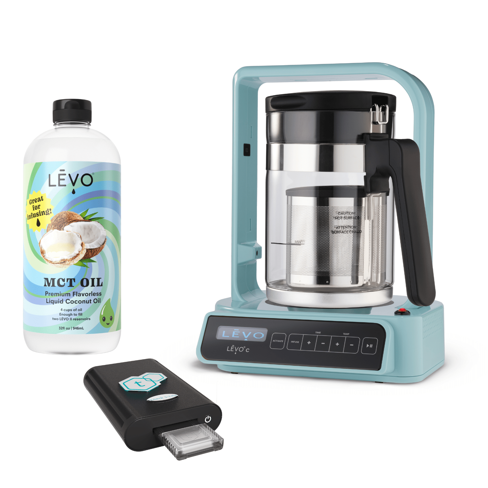 LEVO C oil infuser with tCheck 3 potency testing device and LEVO MCT Oil. LĒVO C x tCheck Potency Tester Bundle: Infuse and test with precision.