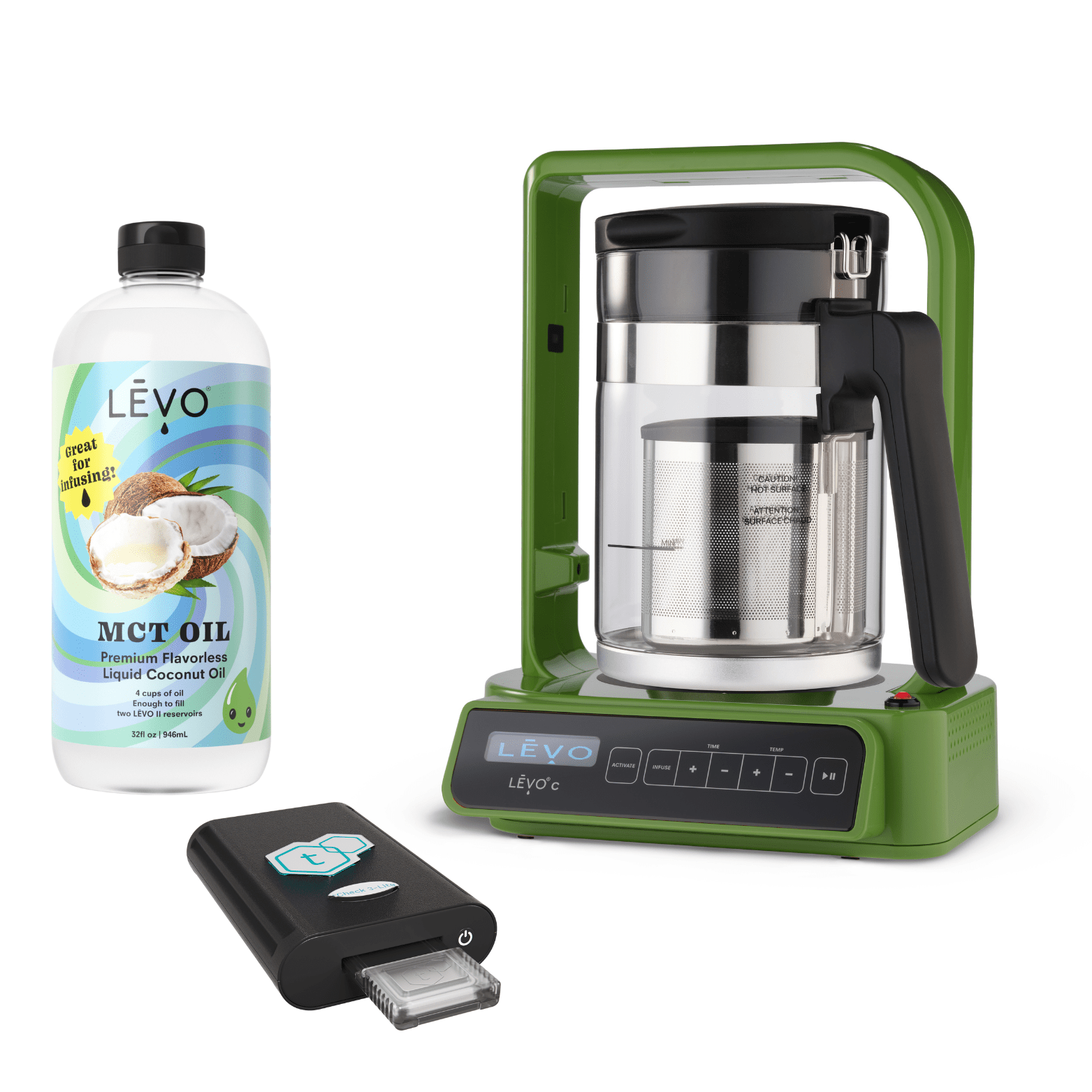LEVO C oil infuser with tCheck 3 potency testing device and LEVO MCT Oil. LĒVO C x tCheck Potency Tester Bundle: Infuse and test with precision.