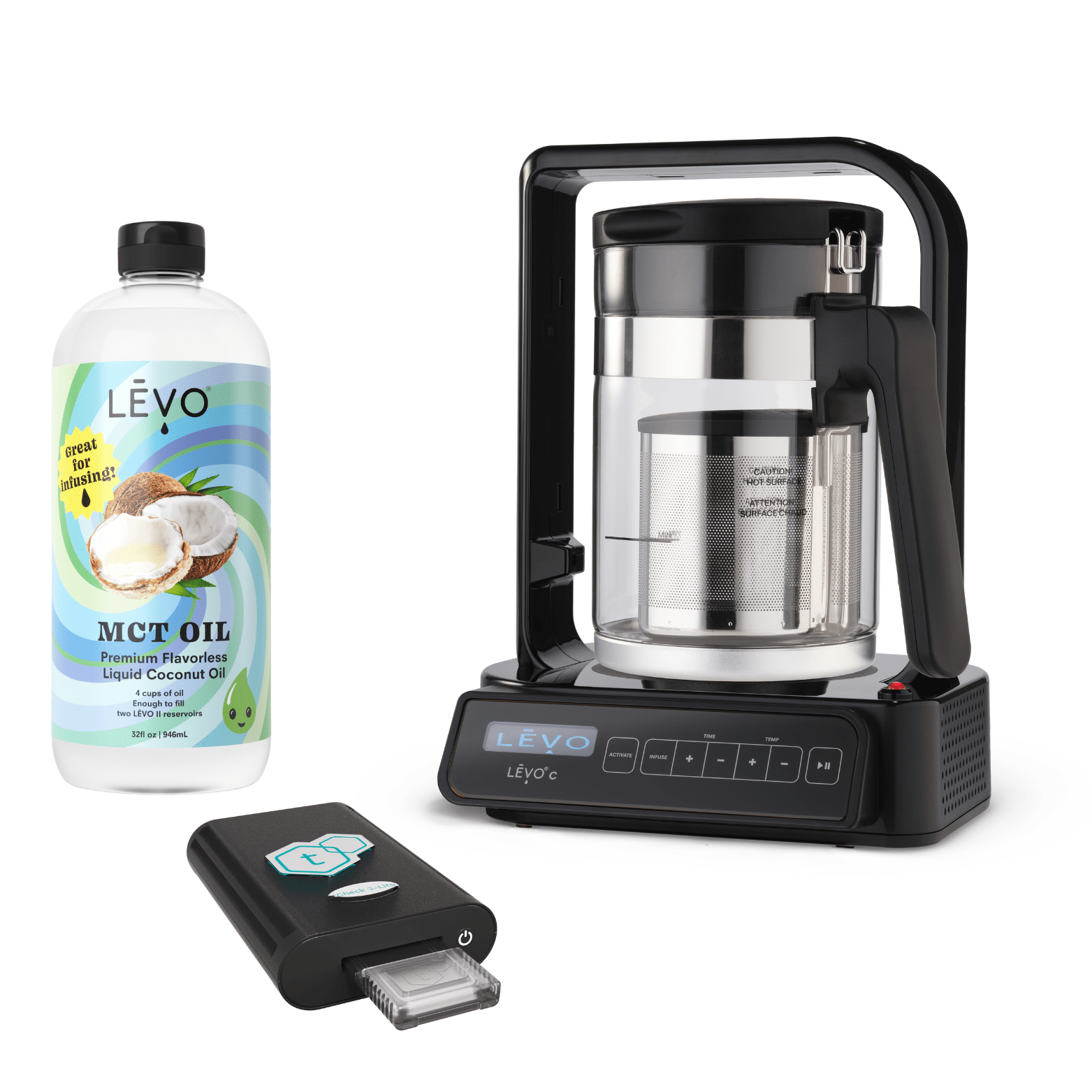 LEVO C oil infuser with tCheck 3 potency testing device and LEVO MCT Oil. LĒVO C x tCheck Potency Tester Bundle: Infuse and test with precision.
