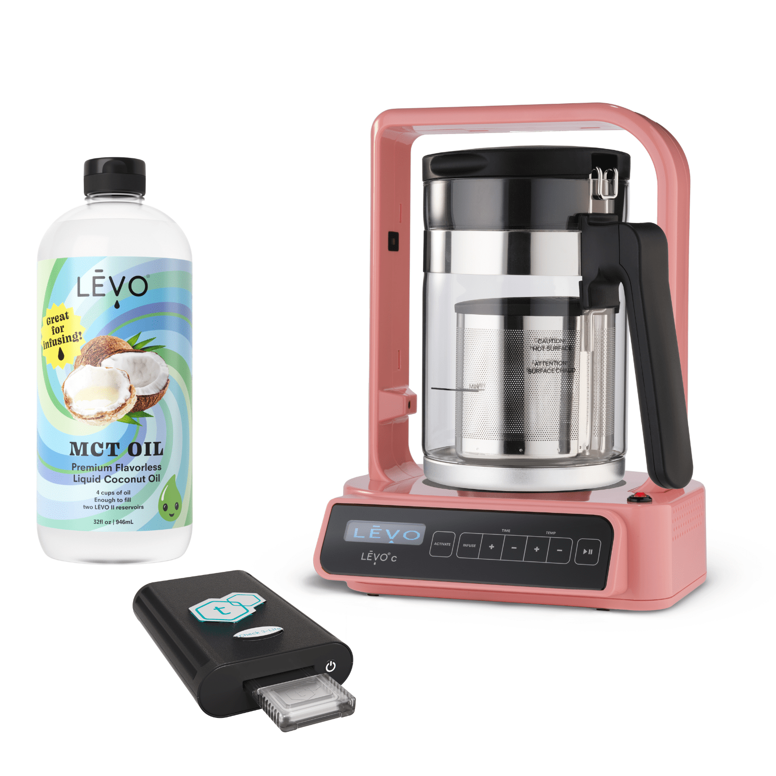 LEVO C oil infuser with tCheck 3 potency testing device and LEVO MCT Oil. LĒVO C x tCheck Potency Tester Bundle: Infuse and test with precision.