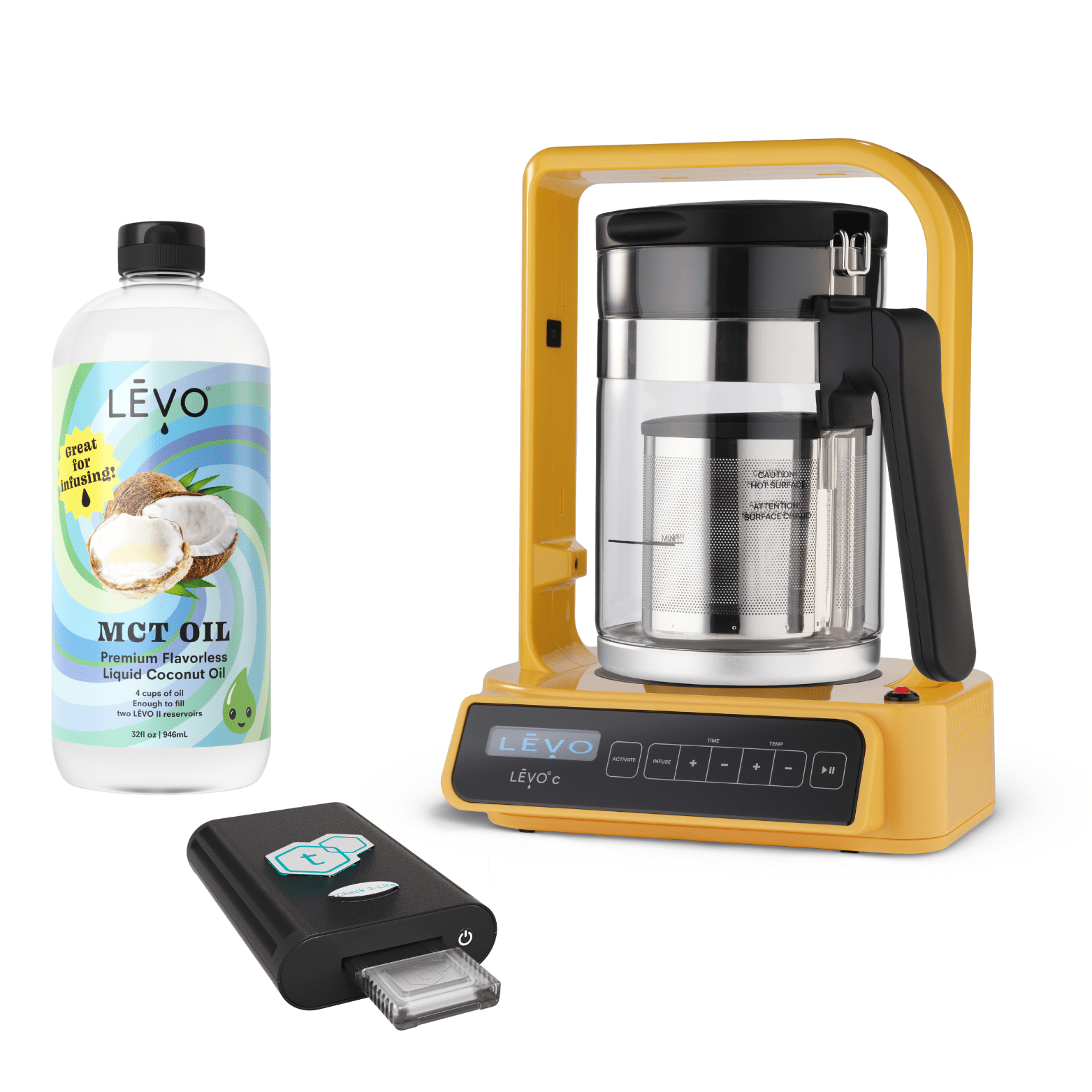 LEVO C oil infuser with tCheck 3 potency testing device and LEVO MCT Oil. LĒVO C x tCheck Potency Tester Bundle: Infuse and test with precision.