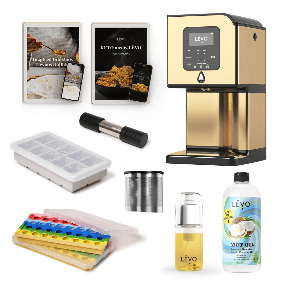 LEVO Lux Essentials Bundle with LEVO Lux machine accessories, MCT Oil, and two digital cook books.