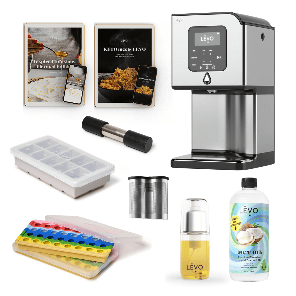 LEVO Lux Essentials Bundle with LEVO Lux machine accessories, MCT Oil, and two digital cook books.