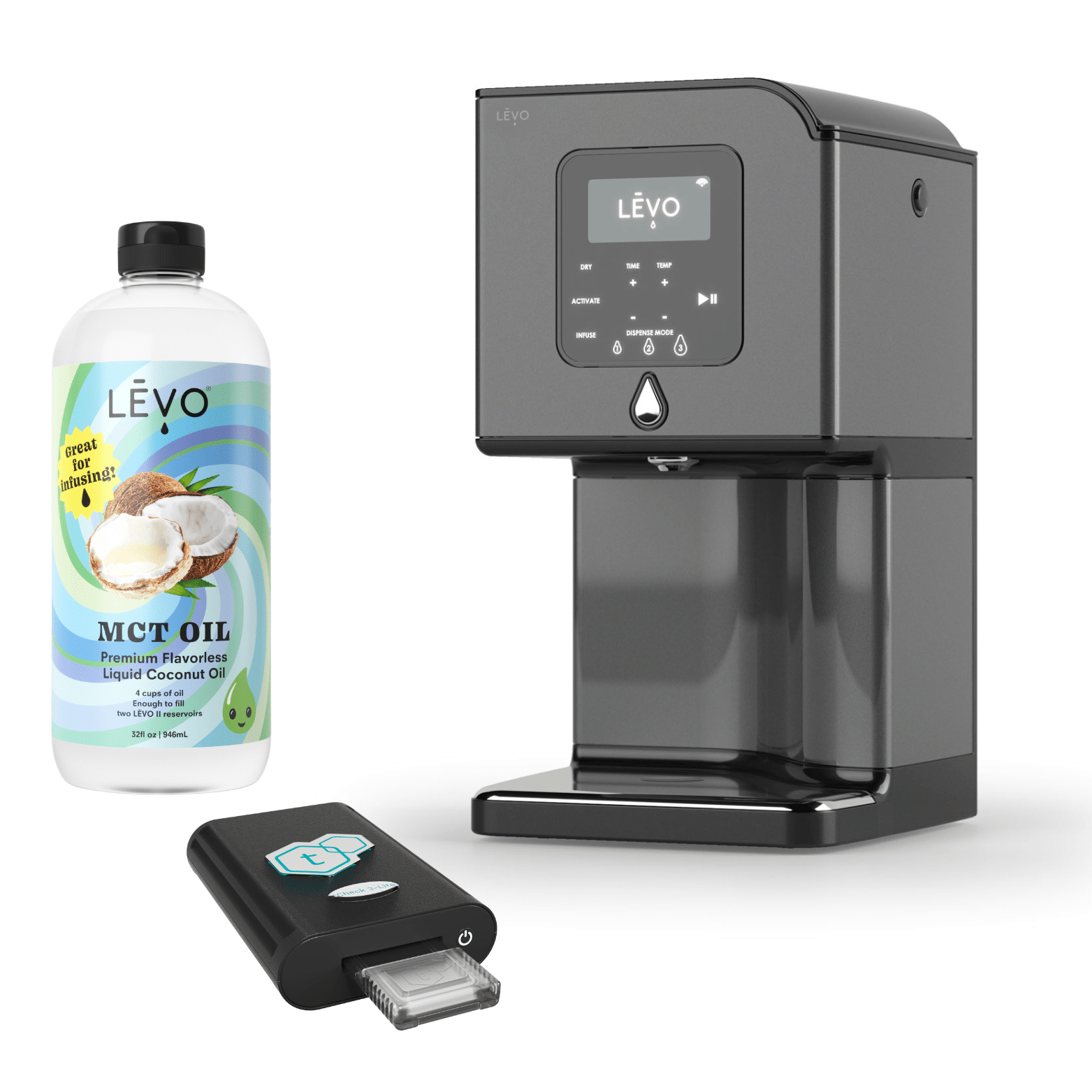 LEVO Lux oil infuser with tCheck 3 potency testing device and LEVO MCT Oil. LĒVO Lux x tCheck Potency Tester Bundle: Infuse and test with precision.