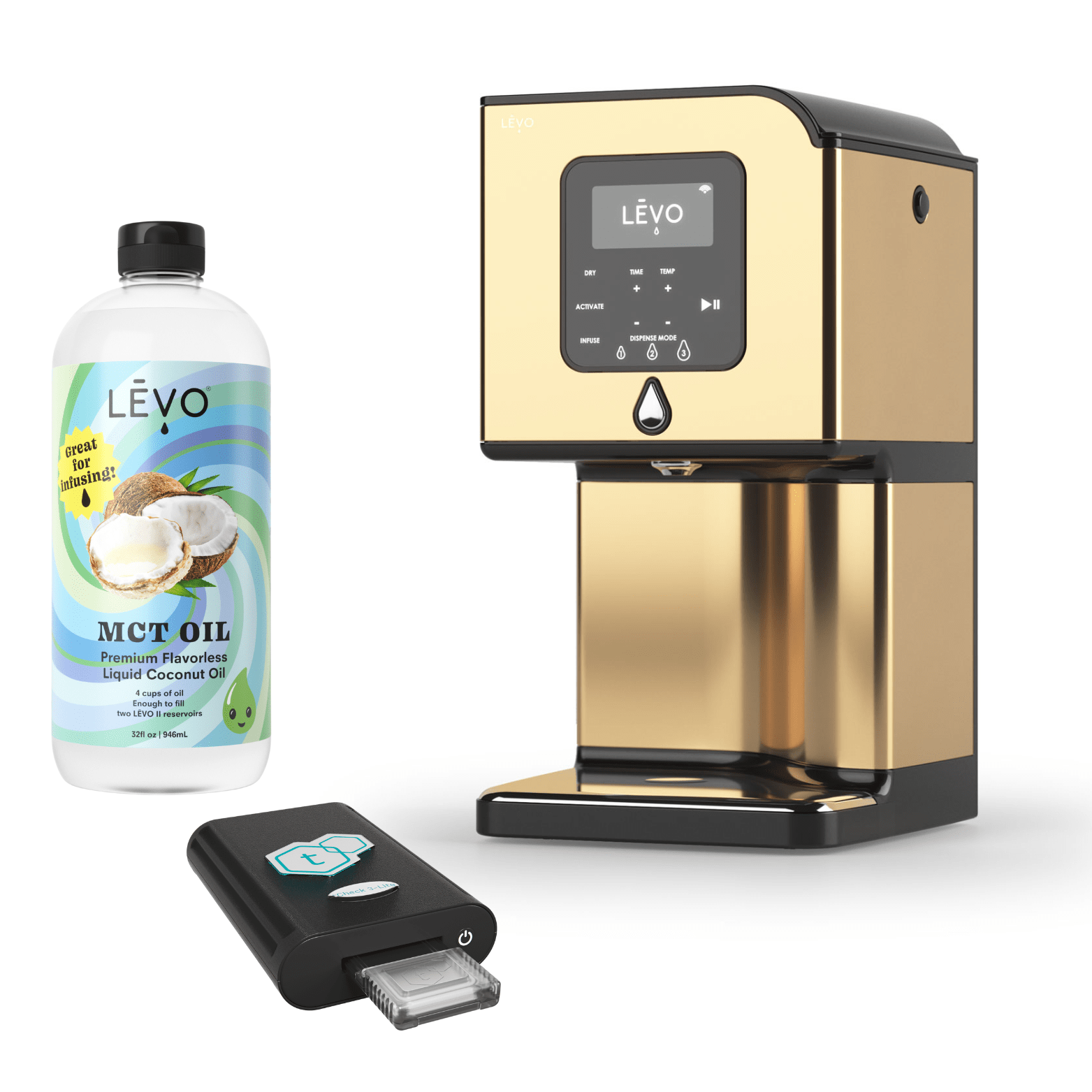 LEVO Lux oil infuser with tCheck 3 potency testing device and LEVO MCT Oil. LĒVO Lux x tCheck Potency Tester Bundle: Infuse and test with precision.