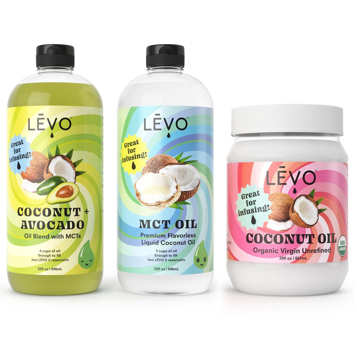 LEVO branded Coconut Avocado oil, MCT oil, and Coconut oil.