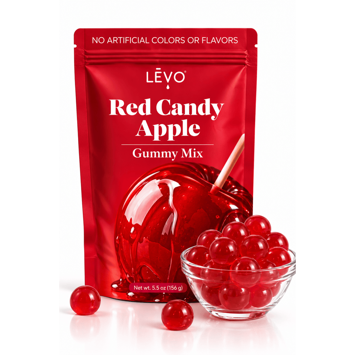Red Candy Apple Gummy Mix pouch with a bowl of finished red gummies