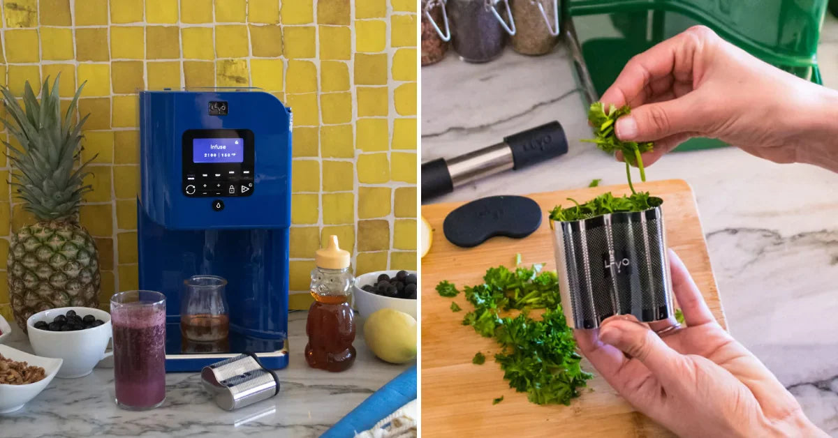 A LĒVO machine dispensing freshly infused golden oil into a glass jar