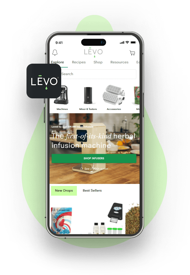 Rendering of a phone with a screenshot of the app and the logo