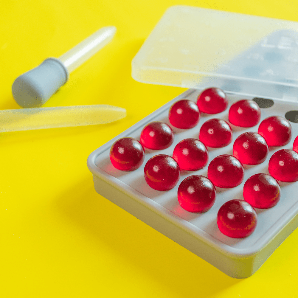 the LEVO Gummy & Candy Molds make 62 3 mL spherical edibles. Perfect for portioning your dosages and edibles.  Leak-Proof Design - The snap-on lid keeps your gummy molds securely closed, preventing any leakage.
