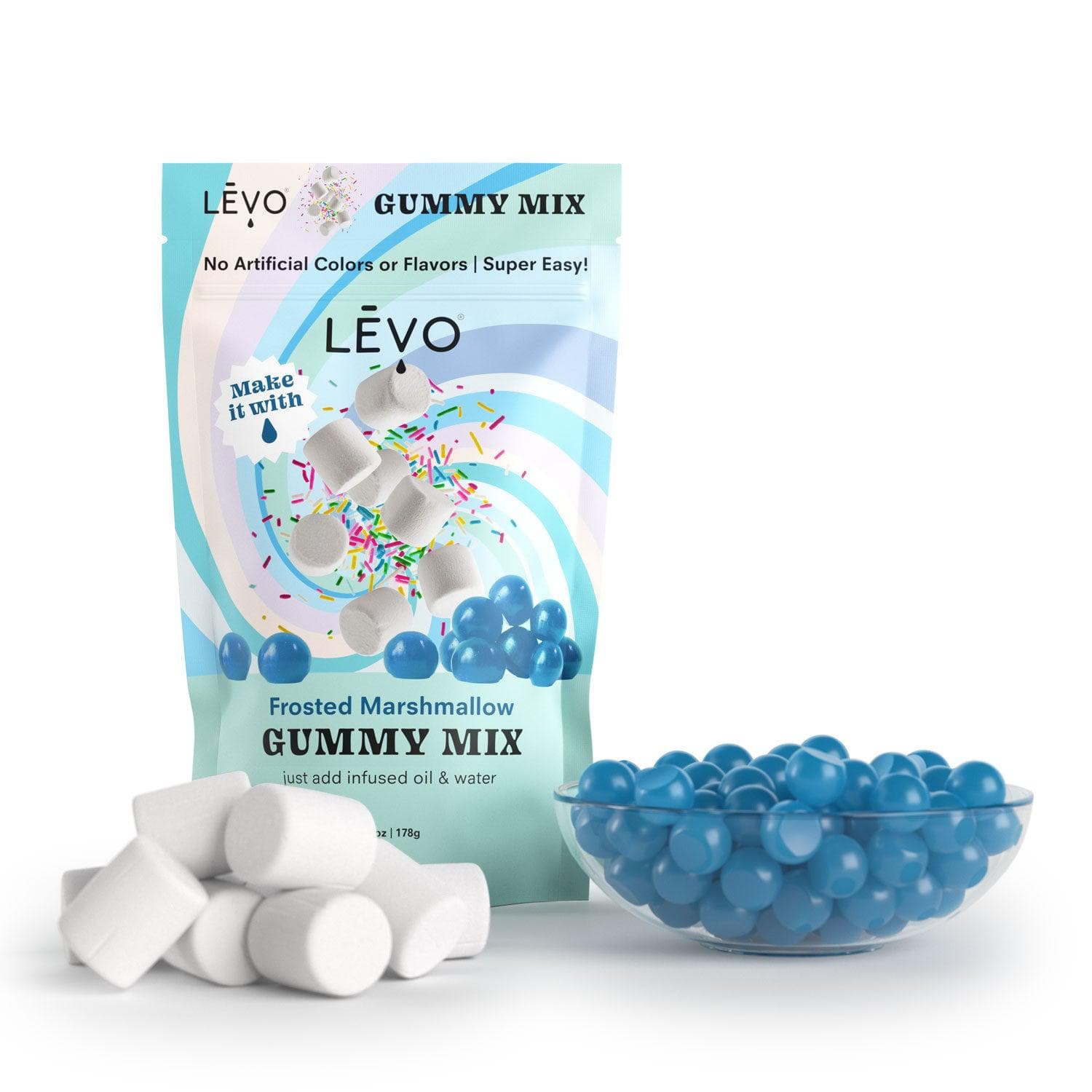 Frosted Marshmallow gummy mix, made with all natural colors and flavors. Make your own dosed edible gummies at home, and save 10x the cost of buying pre-made. LEVO pays for itself compared to buying tinctures and gummies at the store.