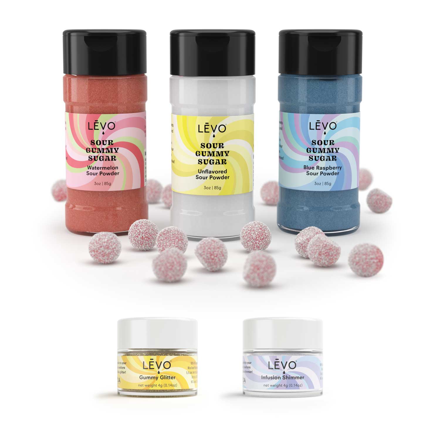 LEVO Gummy Decorating Kit with gold gummy glitter and infusion shimmer, and the sour gummy sugar variety 3 pack. Gummy Decorating Kit with Edible Glitter, Shimmer, and Sour Sugars for unique and vibrant gummy creations.