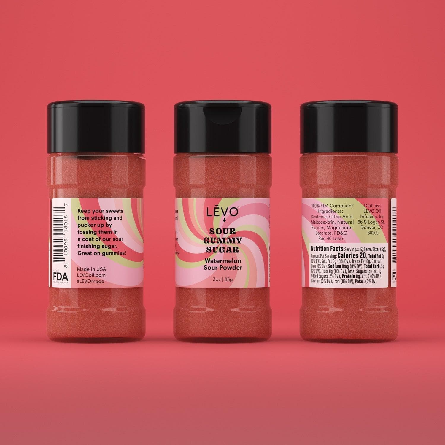 Infuse your gummies and then dust them with Watermelon sour powder finishing sugar. Sprinkle Watermelon Sour Gummy Sugar for a tangy and fruity explosion on your favorite confections.