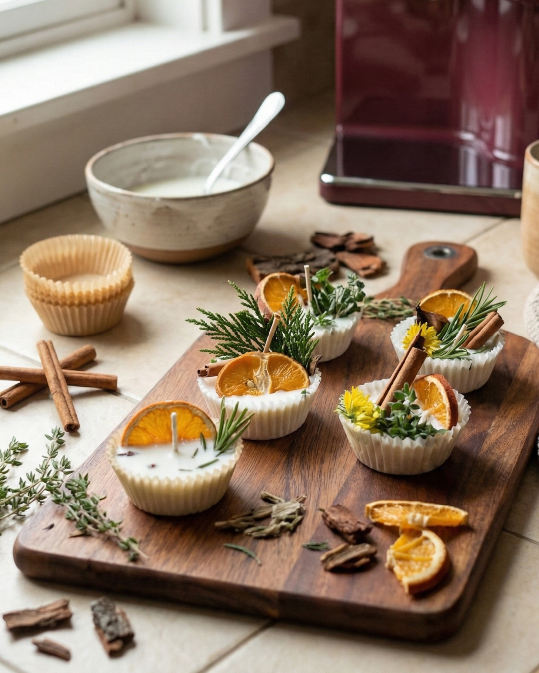 Homemade fire starters with dried citrus slices, cinnamon sticks and botanicals in LEVO infused beeswax.