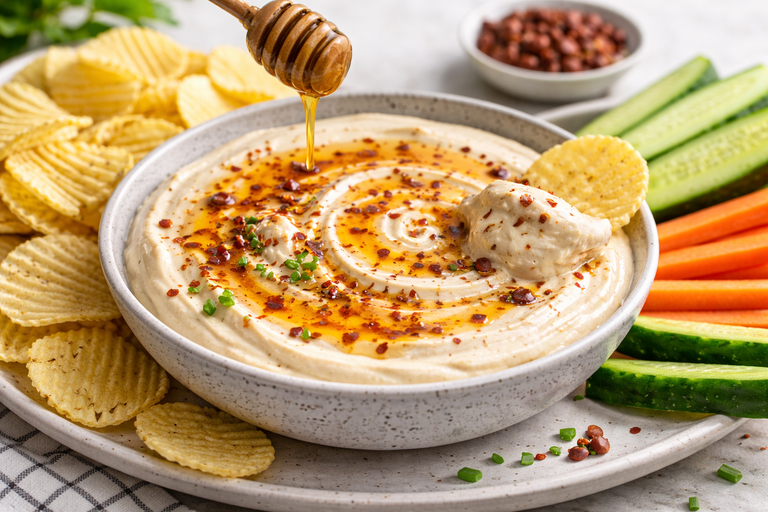 Creamy hot honey dip, with a drizzle of LĒVO's chili-infused honey, served with potato chips and fresh vegetables.