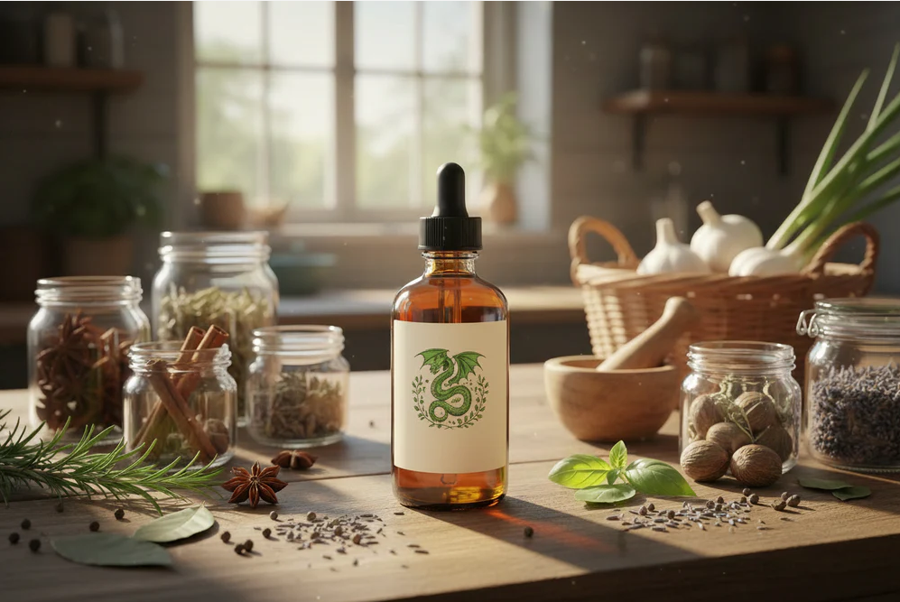 Bottle of Green Dragon oil tincture on a countertop, surrounded by herbs.