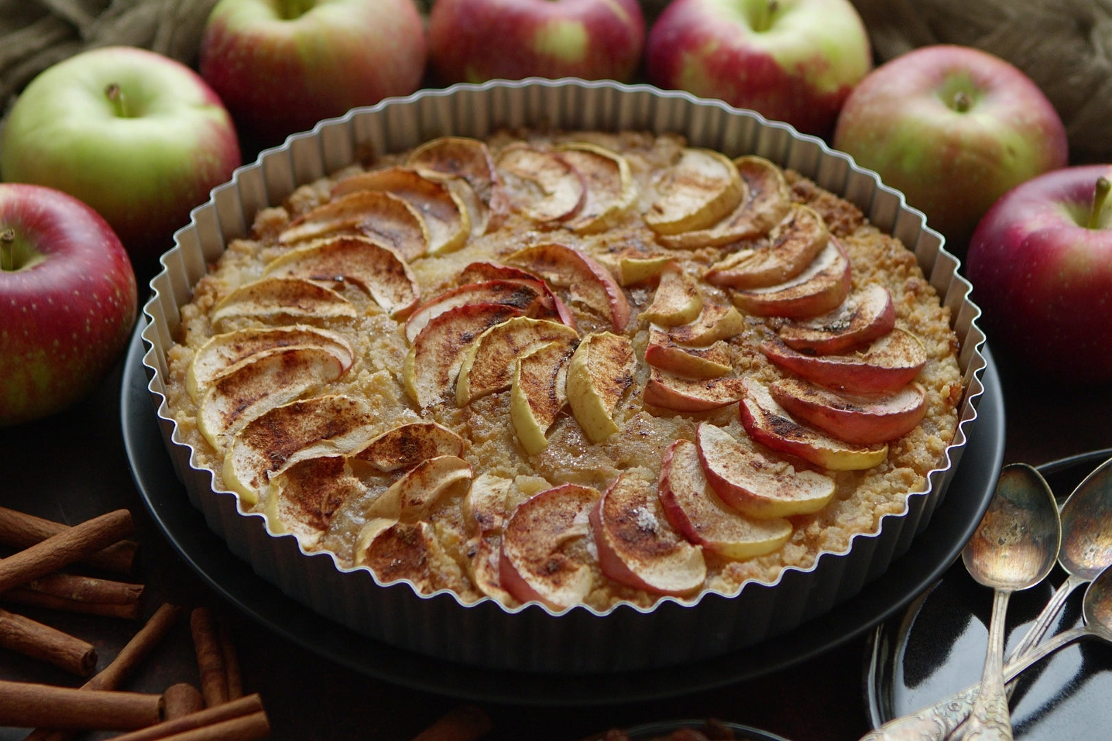 Cinnamon infused Apple Tart, baked in a tin.