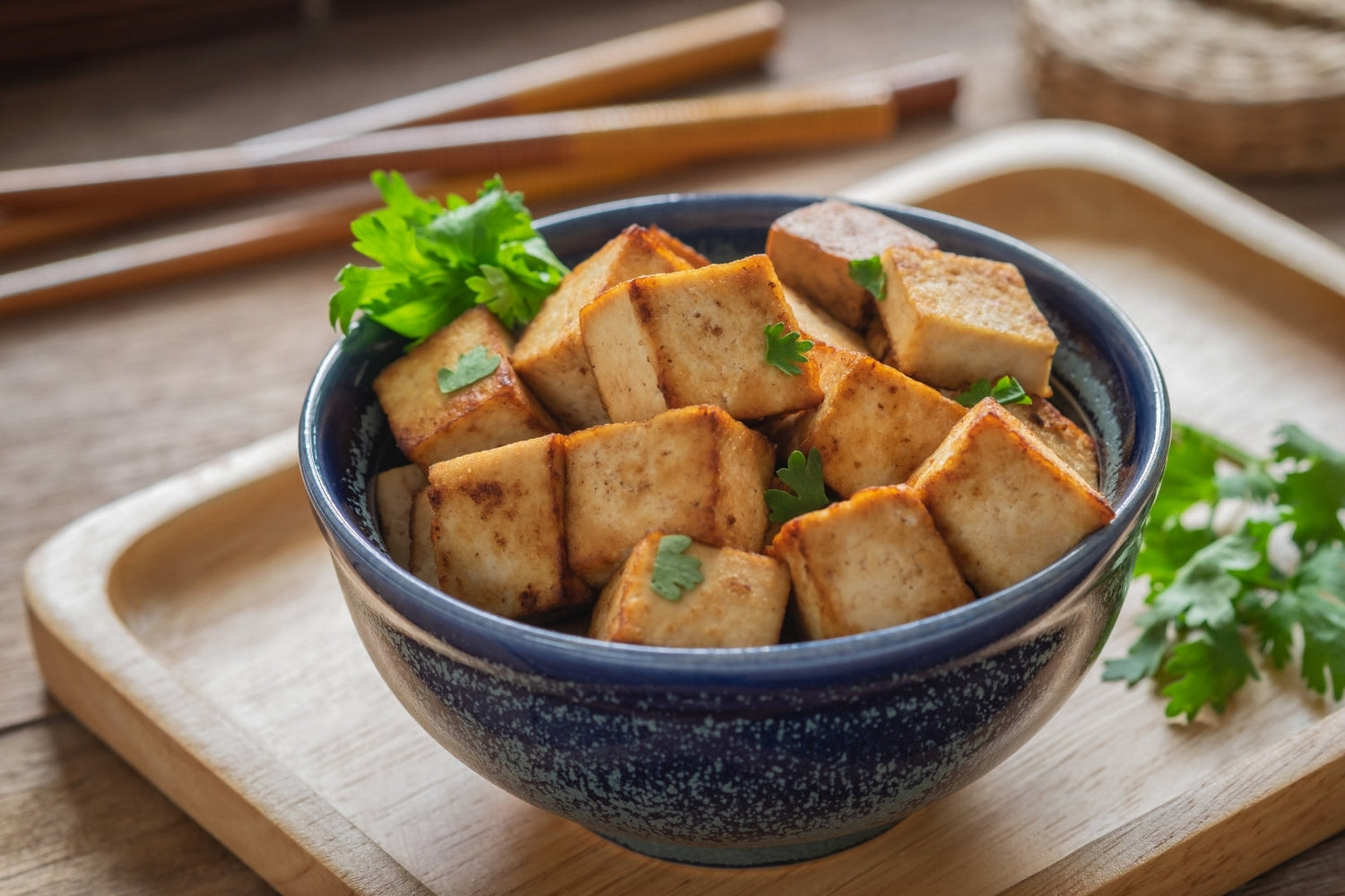 Bowl with infused marinade for tofu recipe inside by LĒVO.