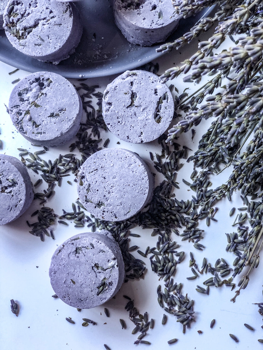 Image of the finished product of this lavender shower steamers recipe.