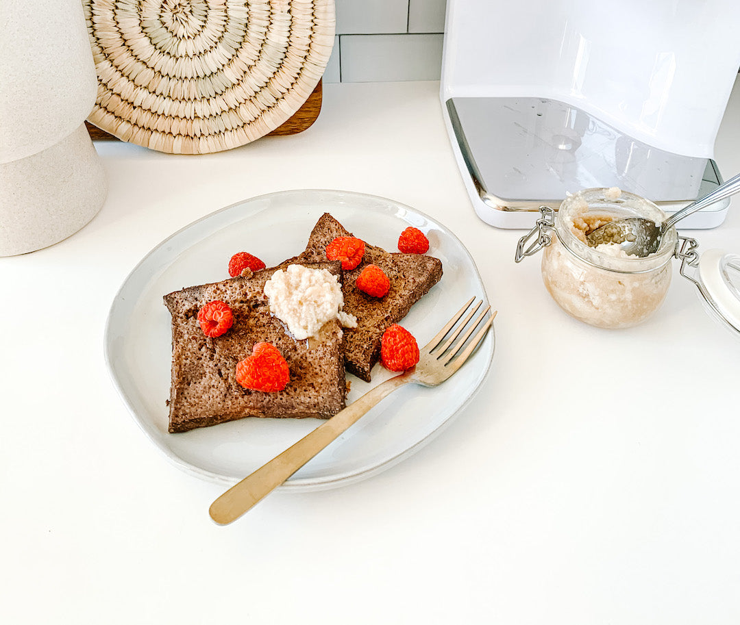 Image of vegan french toast recipe next to a LEVO II infusion machine.