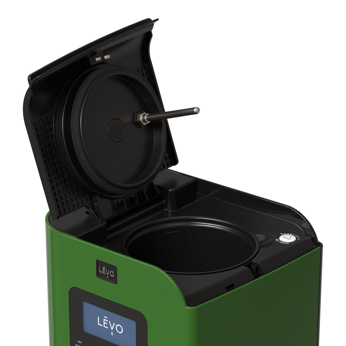 LĒVO II+ in Garden Green with the lid open, showing the reservoir #Color_Garden Green