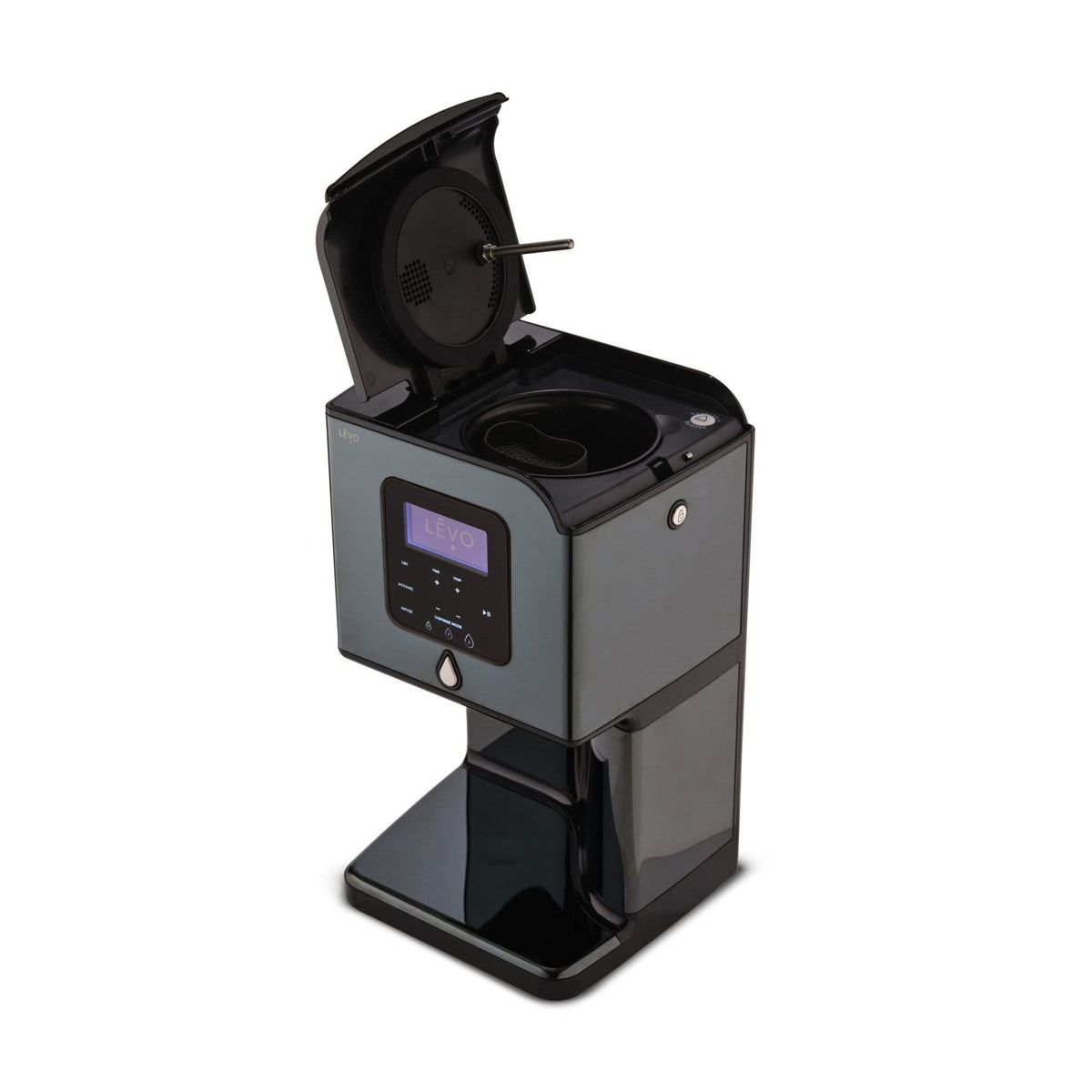 LĒVO Lux in Black Steel with the lid open #Color_Black Steel