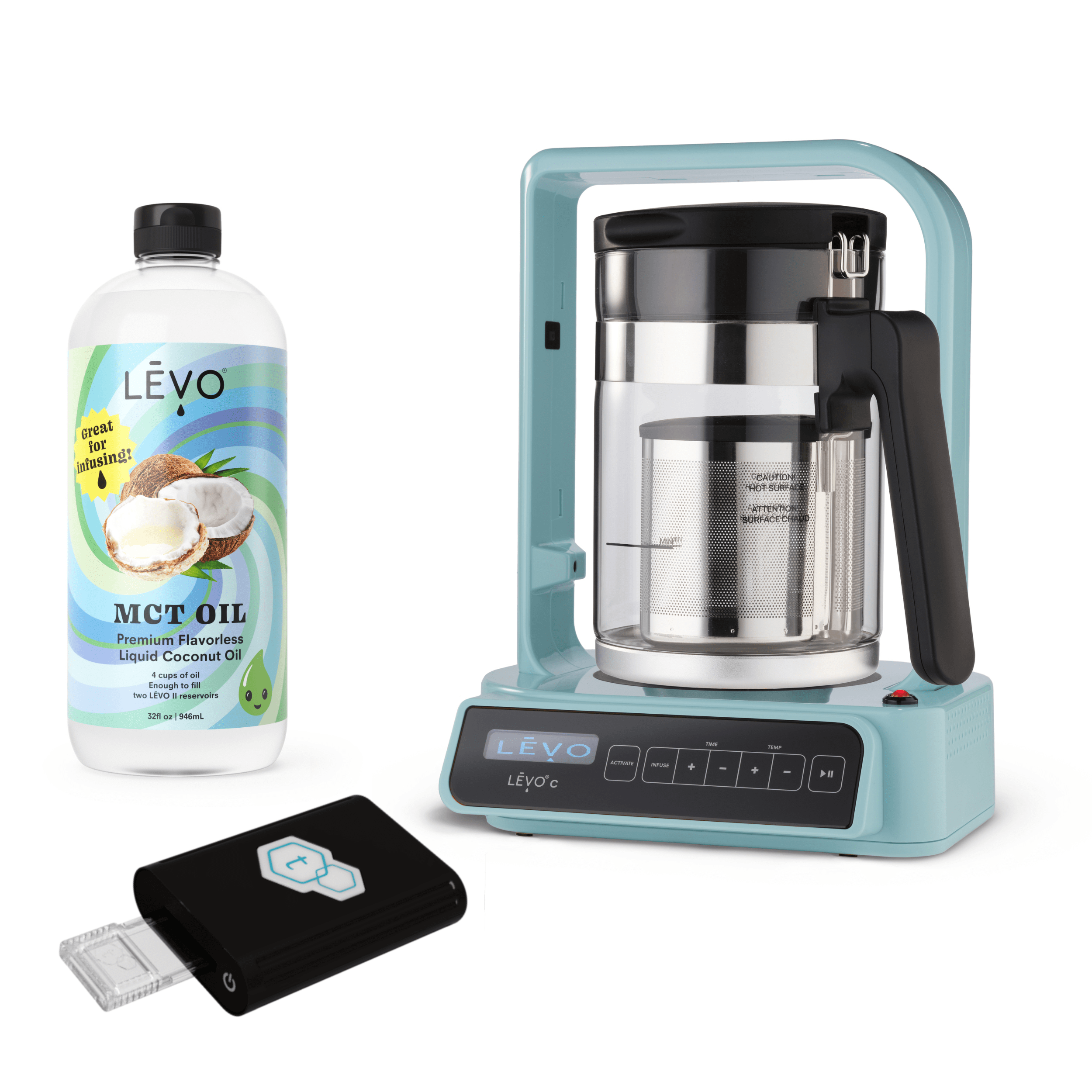 LEVO C oil infuser with tCheck potency testing device and LEVO MCT Oil. LĒVO C x tCheck Potency Tester Bundle: Infuse and test with precision.