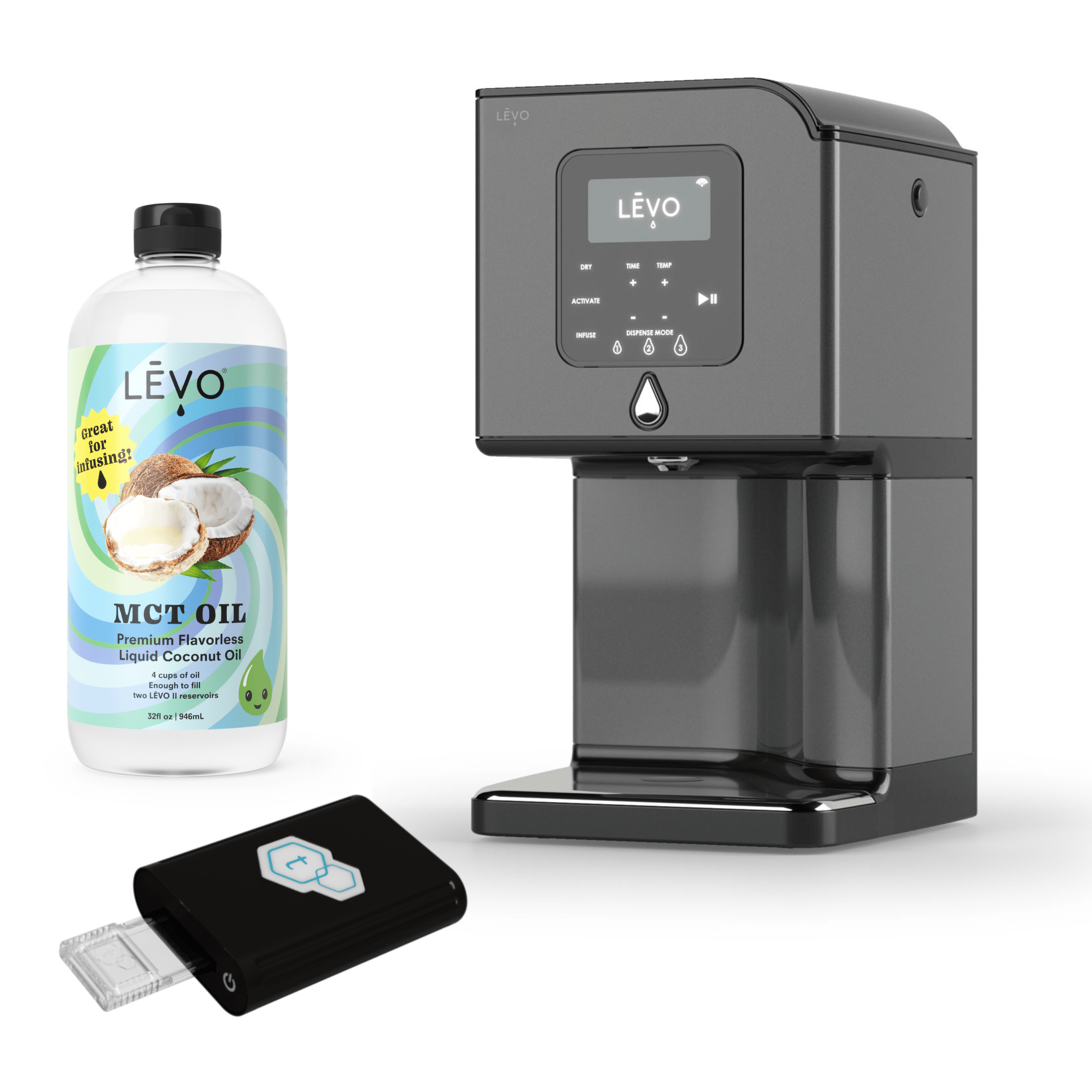 LEVO Lux oil infuser with tCheck potency testing device and LEVO MCT Oil. LĒVO Lux x tCheck Potency Tester Bundle: Infuse and test with precision.