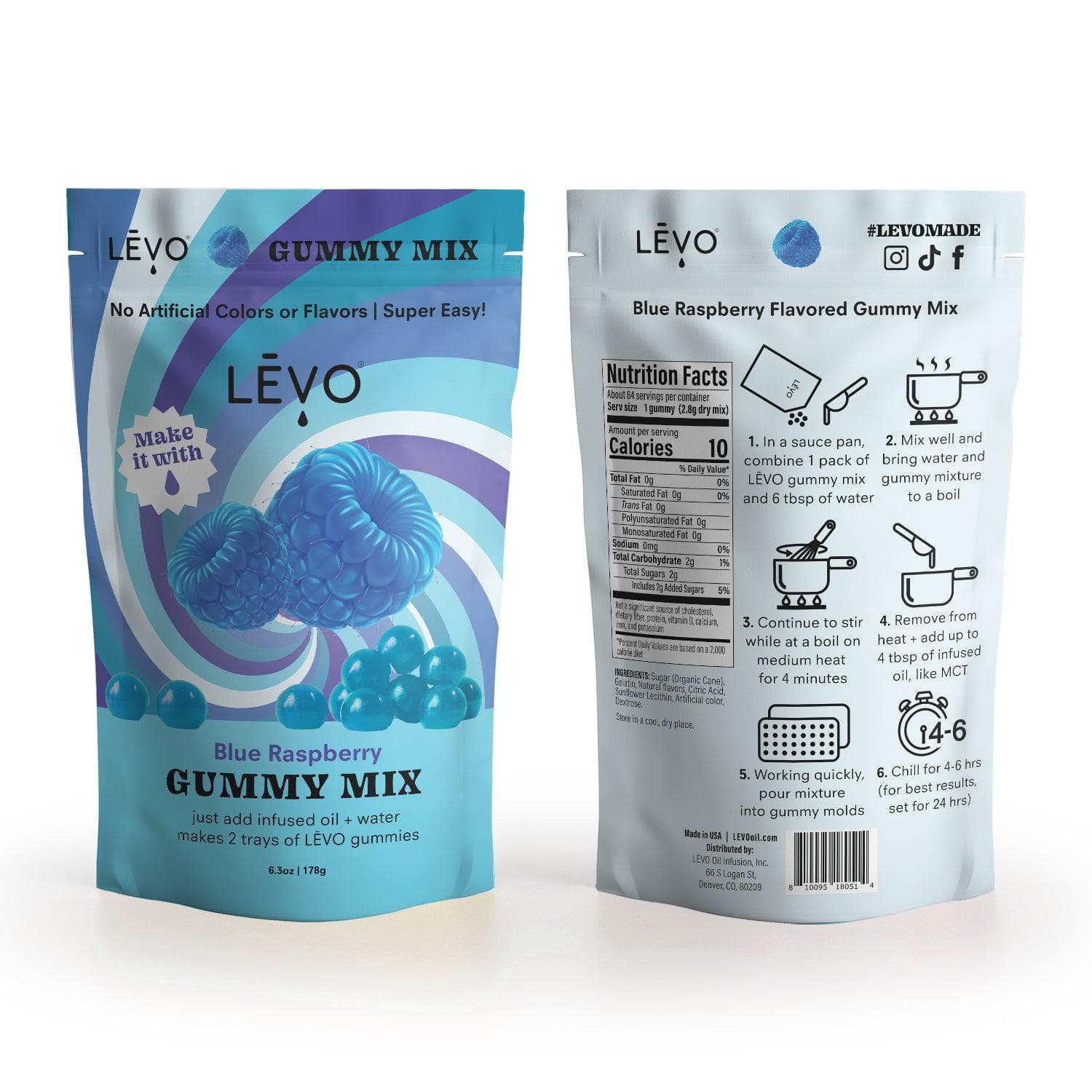 LEVO Gummy Mix in Blue Raspberry flavor - front and back of packaging