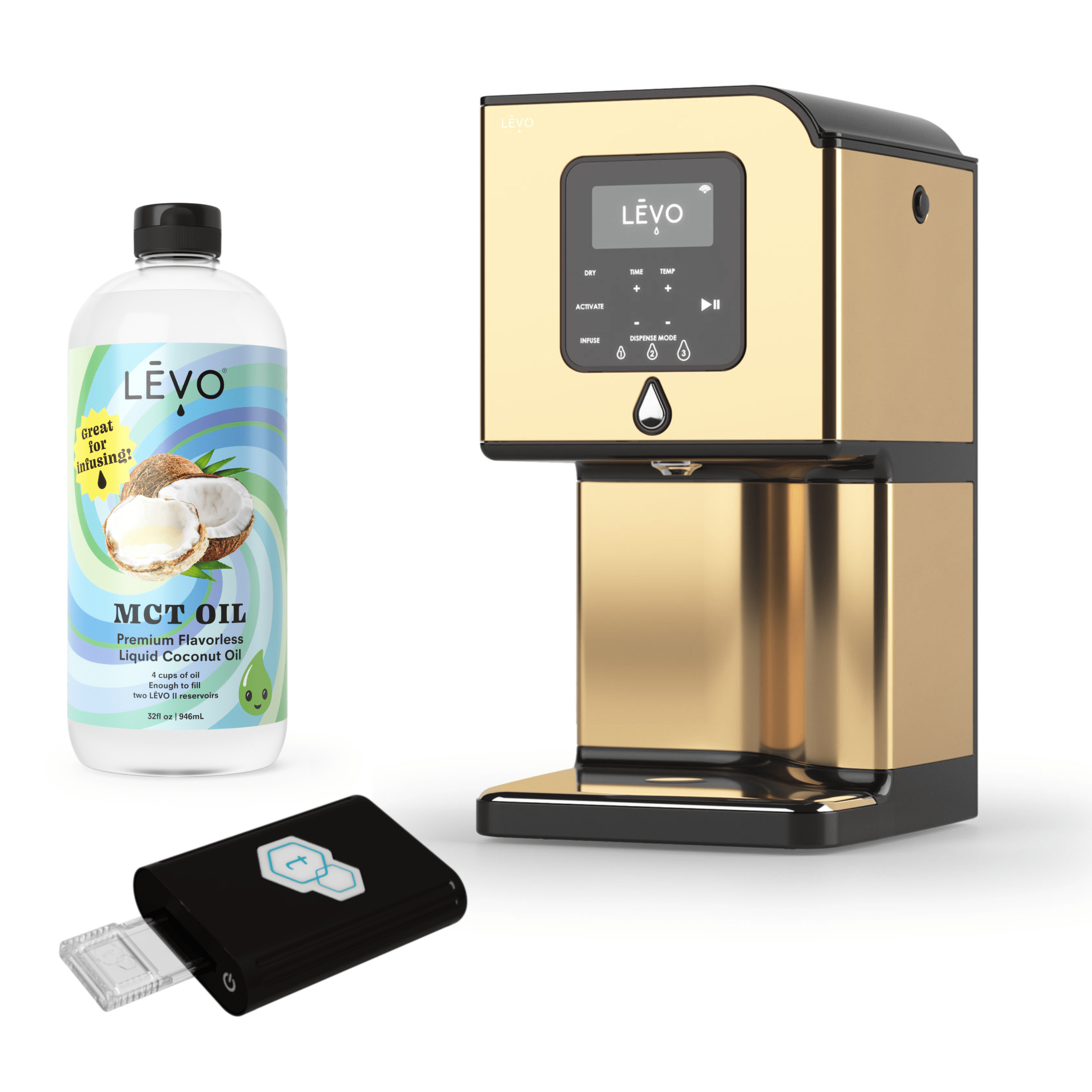 LEVO Lux oil infuser with tCheck potency testing device and LEVO MCT Oil. LĒVO Lux x tCheck Potency Tester Bundle: Infuse and test with precision.