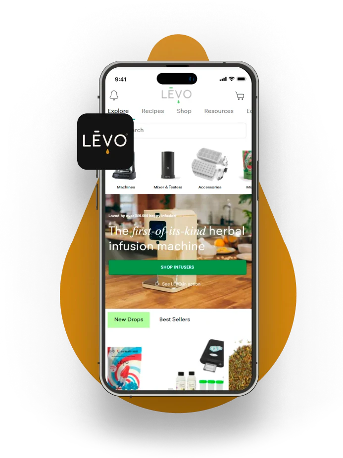 Rendering of a phone with a screenshot of the app and the logo