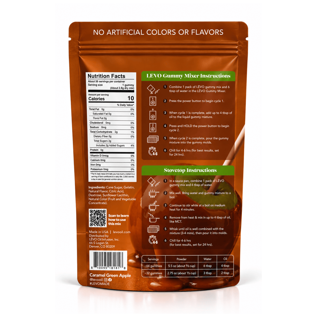 Caramel Green Apple Gummy Mix pouch back with nutrition facts and mixer and stovetop instructions