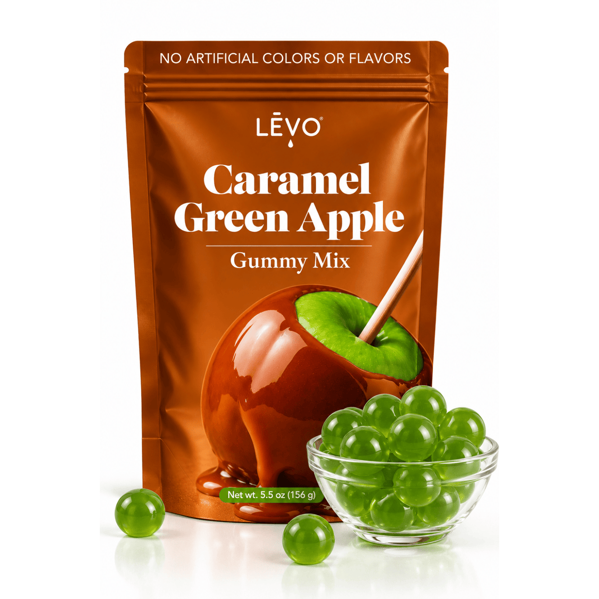 Caramel Green Apple Gummy Mix pouch with a bowl of finished green gummies