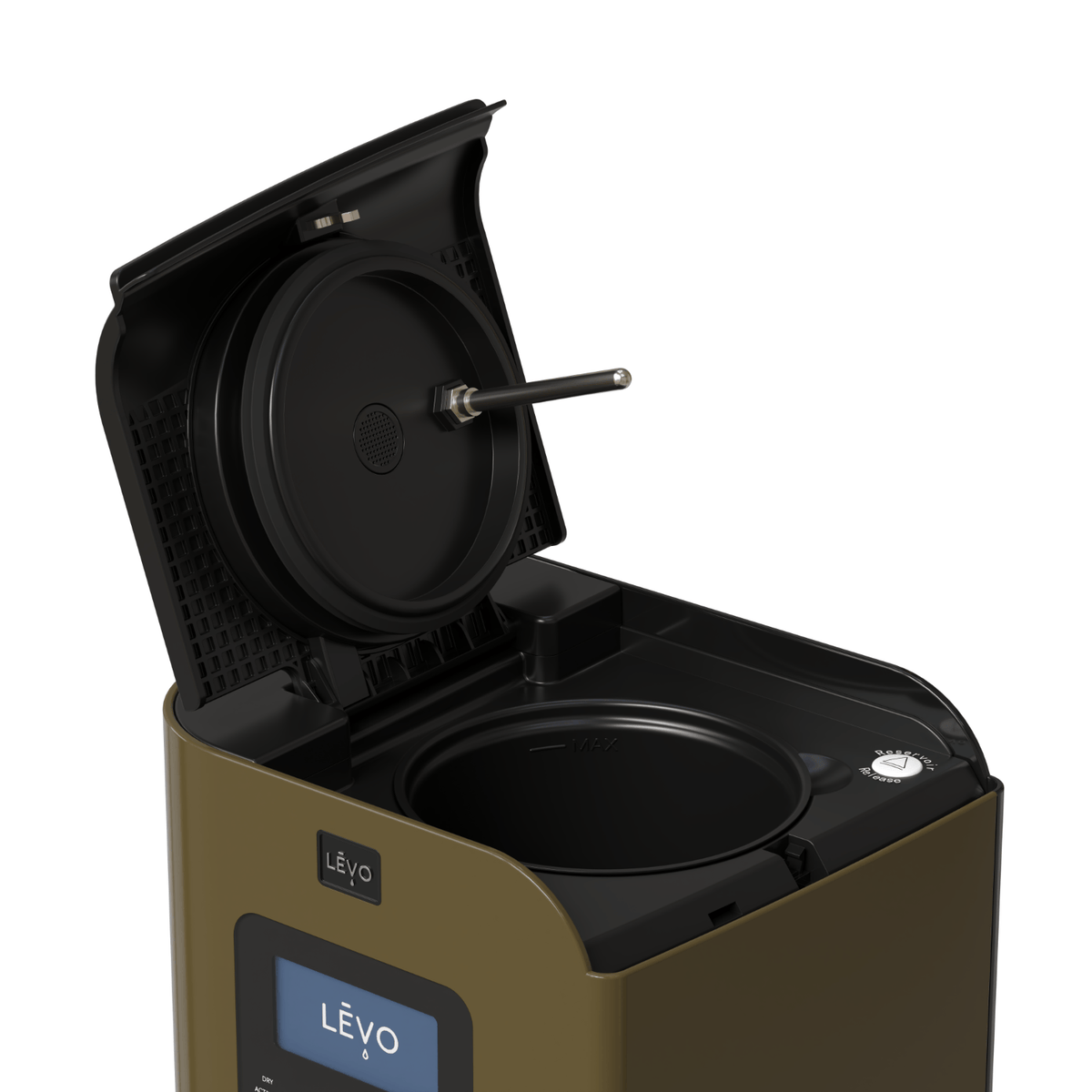 LĒVO II+ in Chestnut Brown with the lid open, showing the reservoir #Color_Chestnut Brown