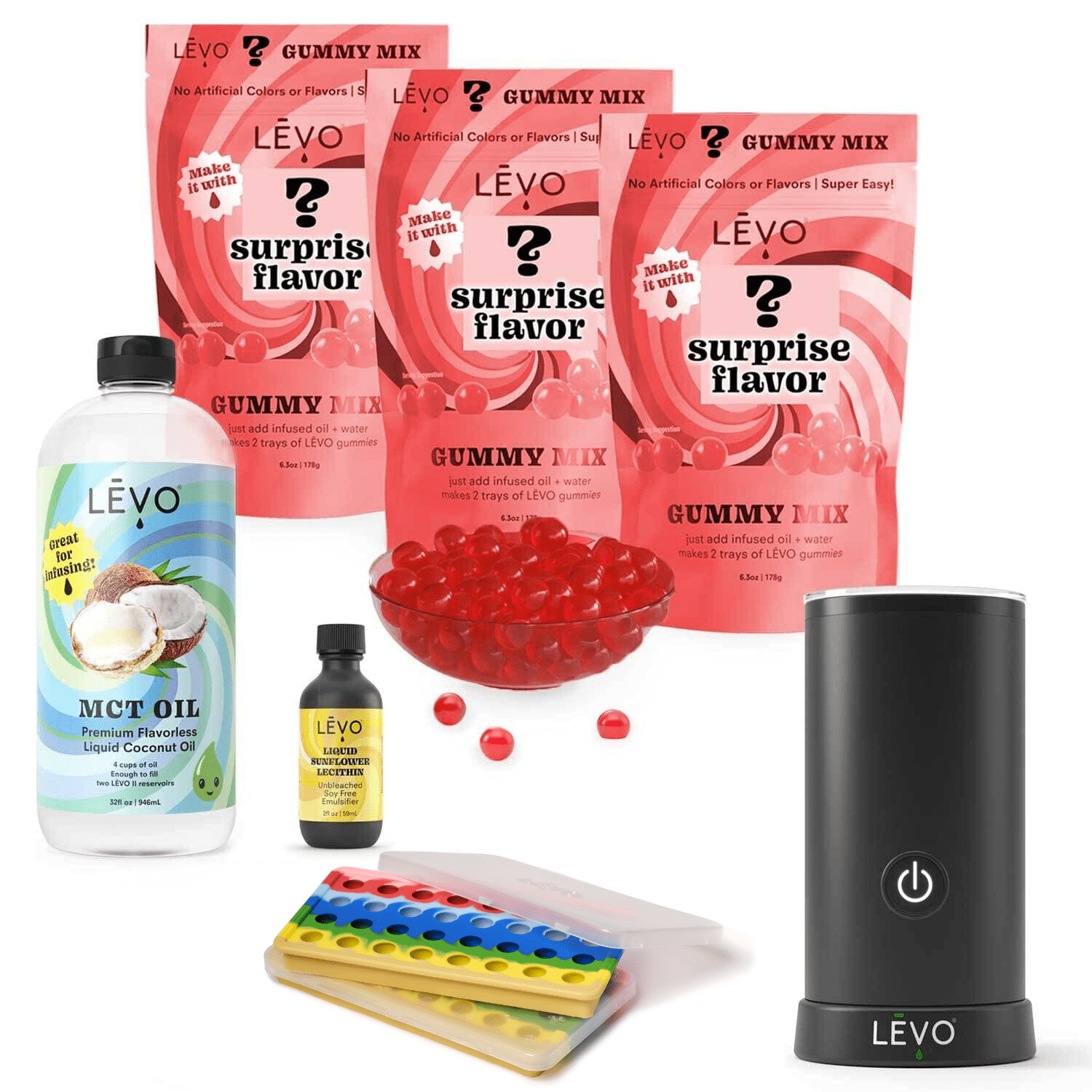 Gummy Edibles Making Kit with LEVO Gummy Candy Mixer, gummy molds, gummy mix variety 3 pack, liquid sunflower lecithin, and MCT oil. Gummy Edibles Making Kit with Gummy Candy Mixer: Create delightful gummy candies effortlessly.
