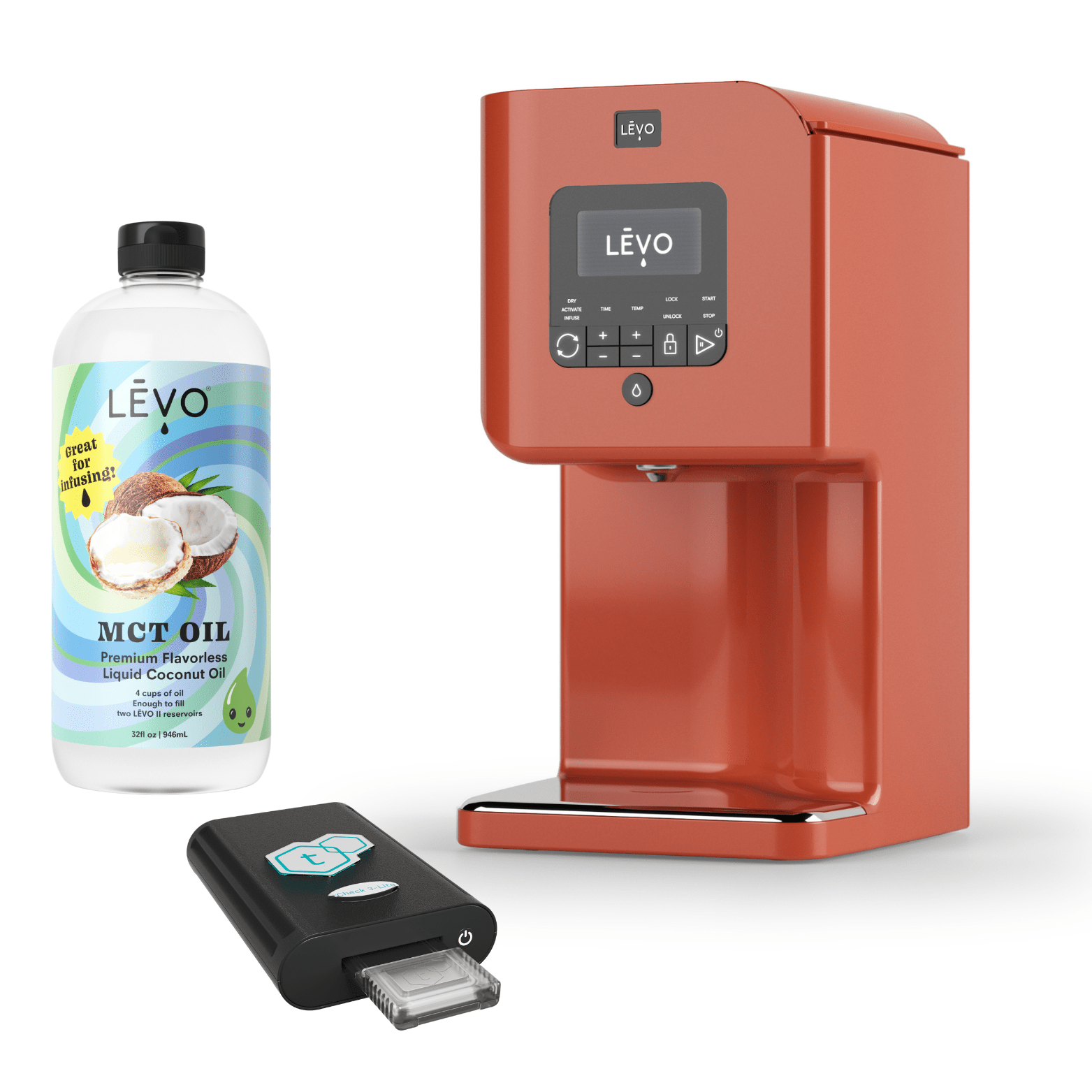 LEVO II oil infuser with tCheck 3 potency testing device and LEVO MCT Oil. LĒVO C x tCheck Potency Tester Bundle: Infuse and test with precision.