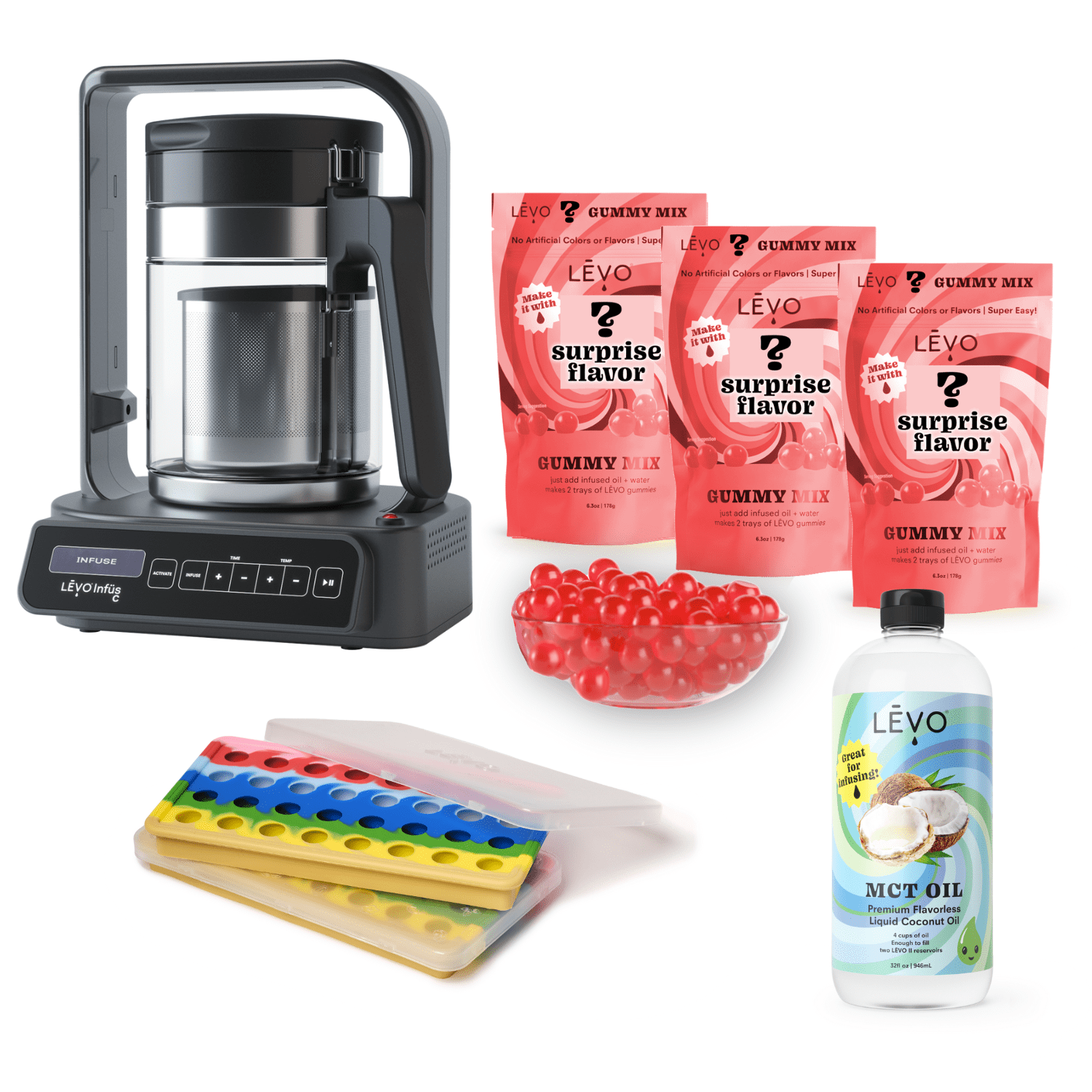 LEVO gummy making bundle with 3 gummy mix packs, MCT oil, and LEVO C machine. Enjoy the art of homemade gummies with LĒVO C and this bundle.